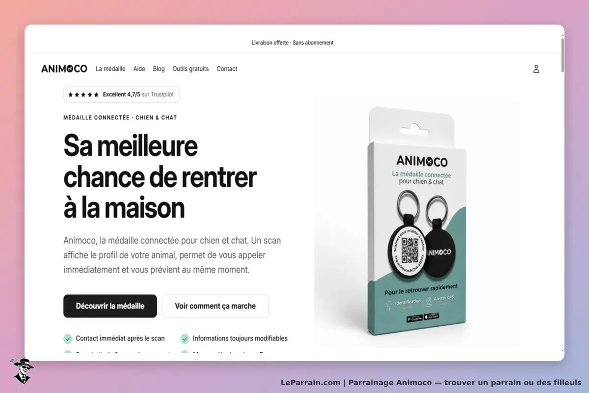 Animoco : page d'accueil présentant une médaille connectée pour chien et chat avec un visuel