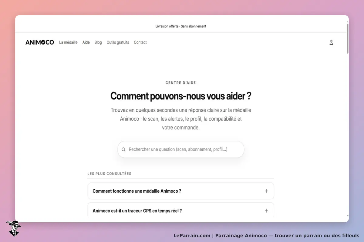 Animoco : page d'accueil avec centre d'aide et barre de recherche pour questions fréquentes