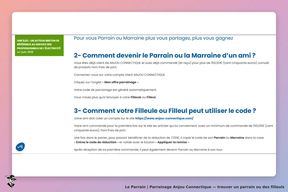 Anjou Connectique : instructions pour devenir parrain ou marraine sur le site