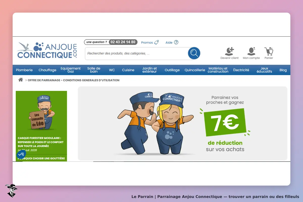 Anjou Connectique : page d'accueil avec personnages animés et informations sur le parrainage