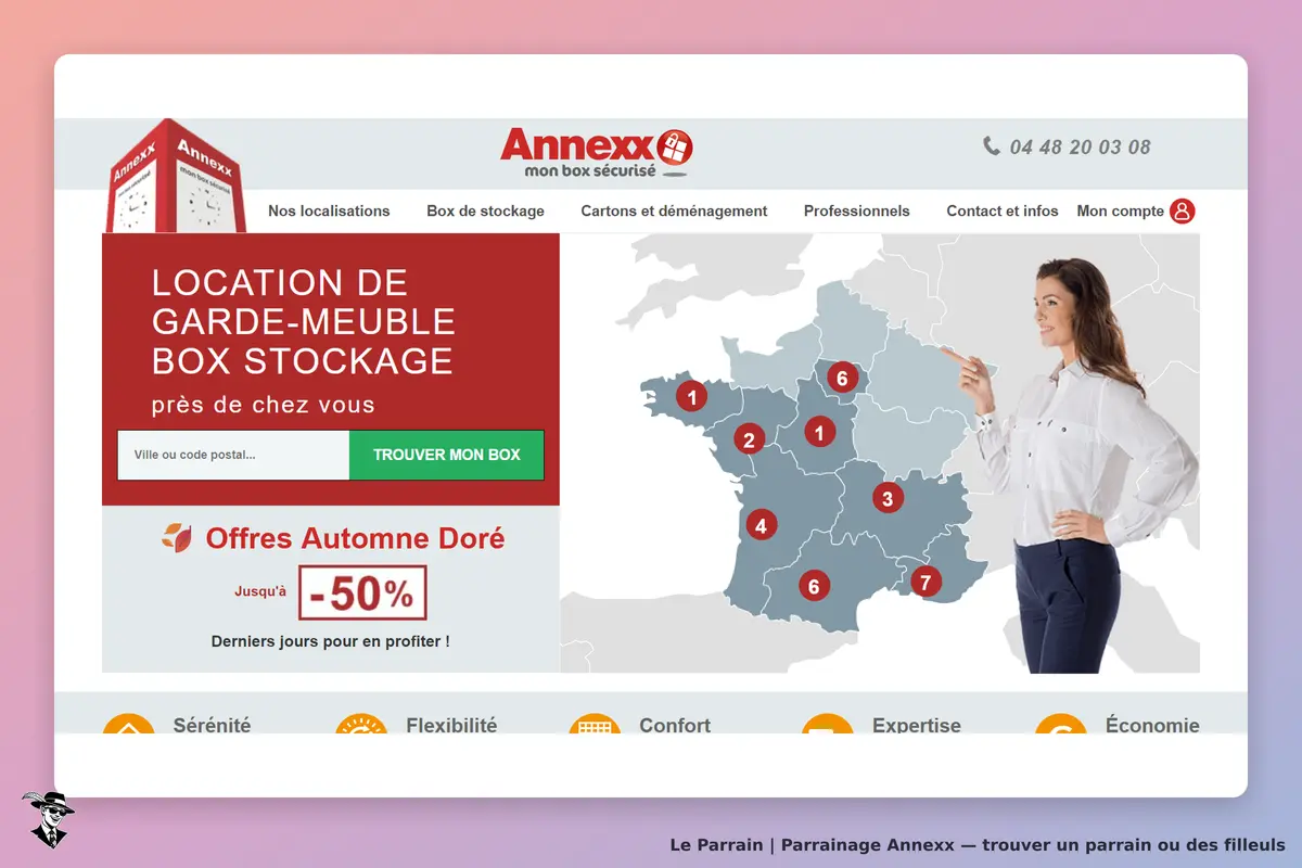 Annexx : page d'accueil avec une femme indiquant une carte de France et un formulaire de recherche