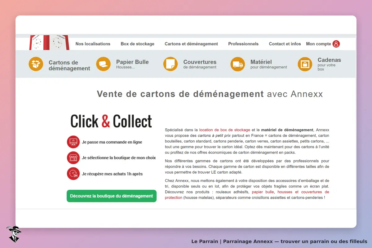 Annexx : page d'accueil présentant le service Click & Collect pour des cartons de déménagement