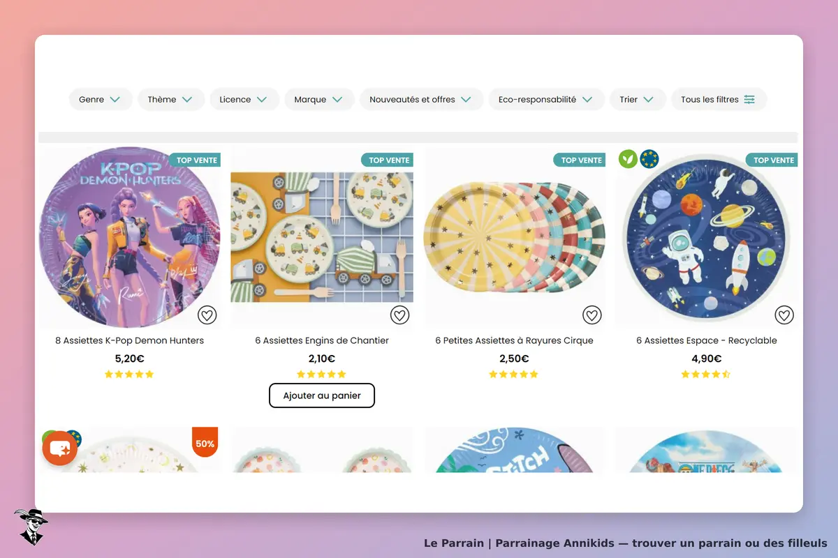 Annikids : page d'accueil avec assiettes colorées et options de filtrage en haut