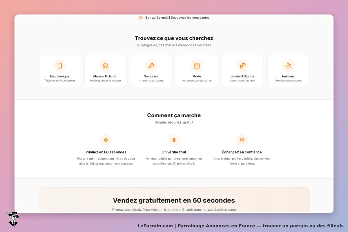 Interface du site Annonces en France avec catégories et instructions de publication.