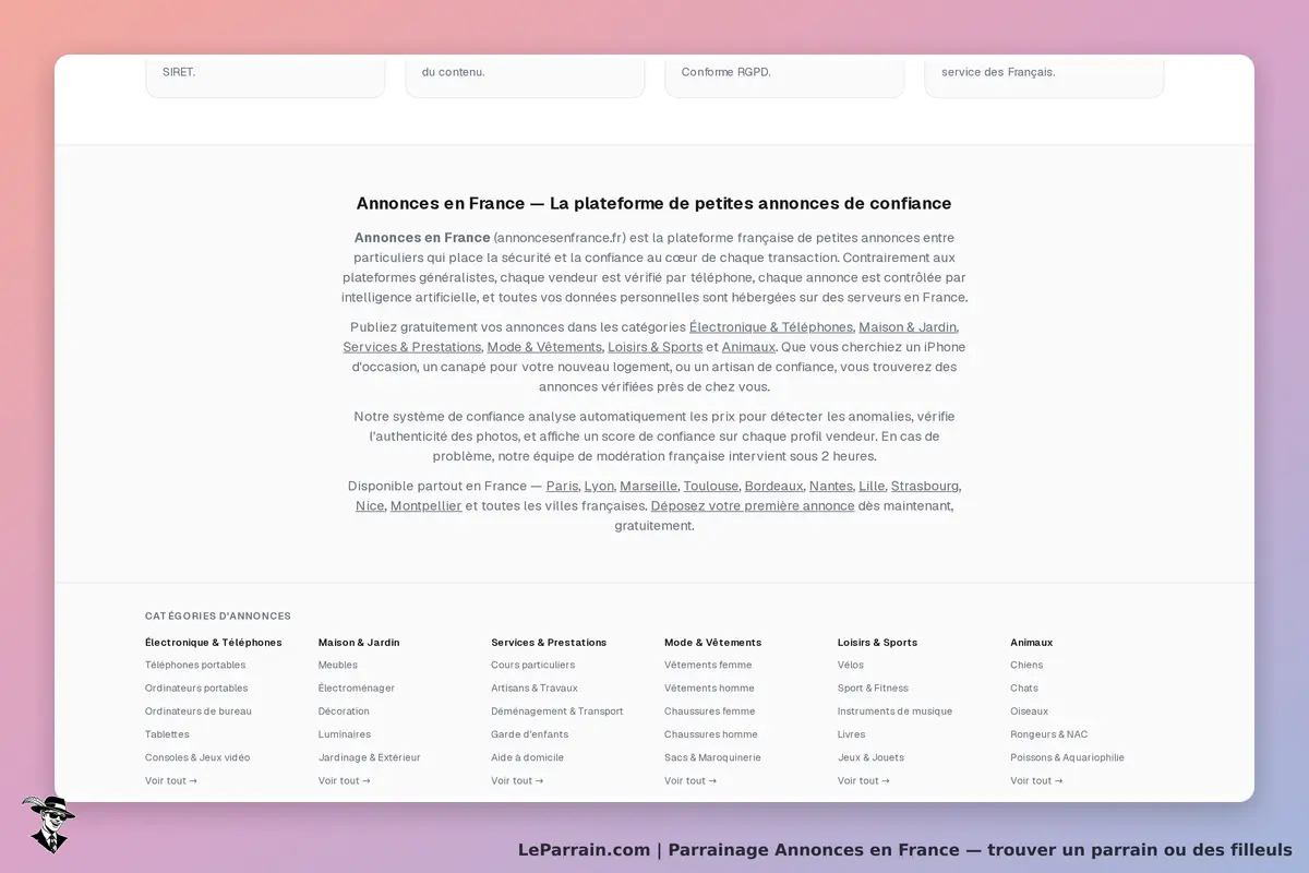 Capture d'écran du site Annonces en France, plateforme de petites annonces de confiance.