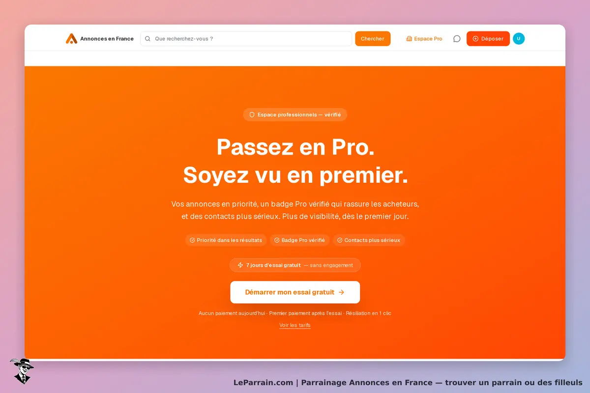 Page d'accueil d'Annonces en France, promotion de l'espace pro et d'un essai gratuit.