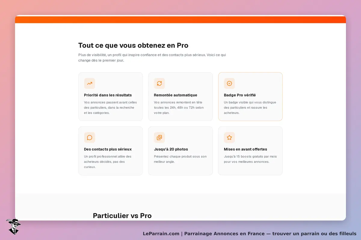 Fonctionnalités Pro pour annonces : visibilité, contacts sérieux, badge vérifié et boosts.