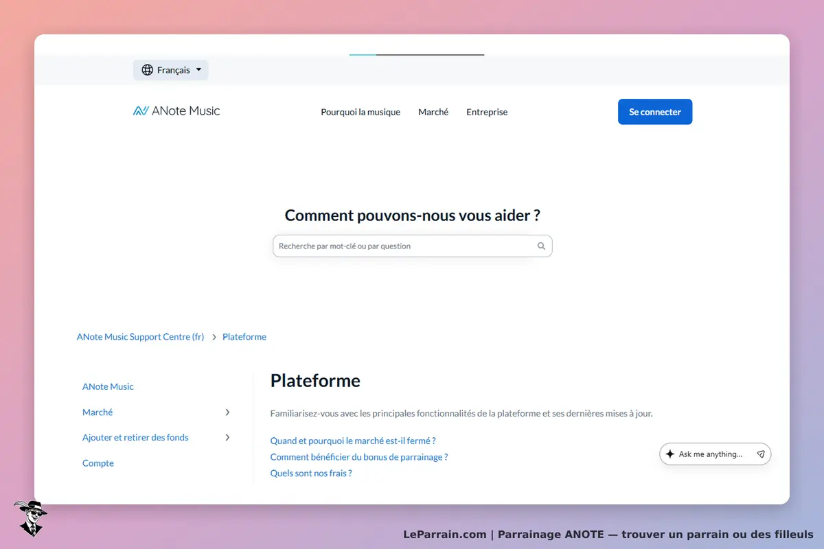 ANote : page d'accueil avec un formulaire de recherche et des liens vers des sections d'aide