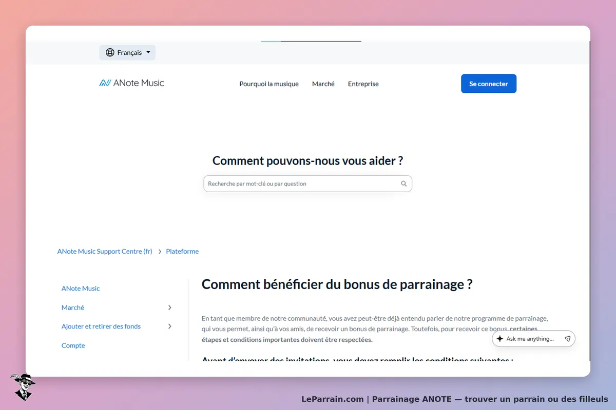 ANote : page d'accueil avec une barre de recherche et des liens vers des sections d'aide