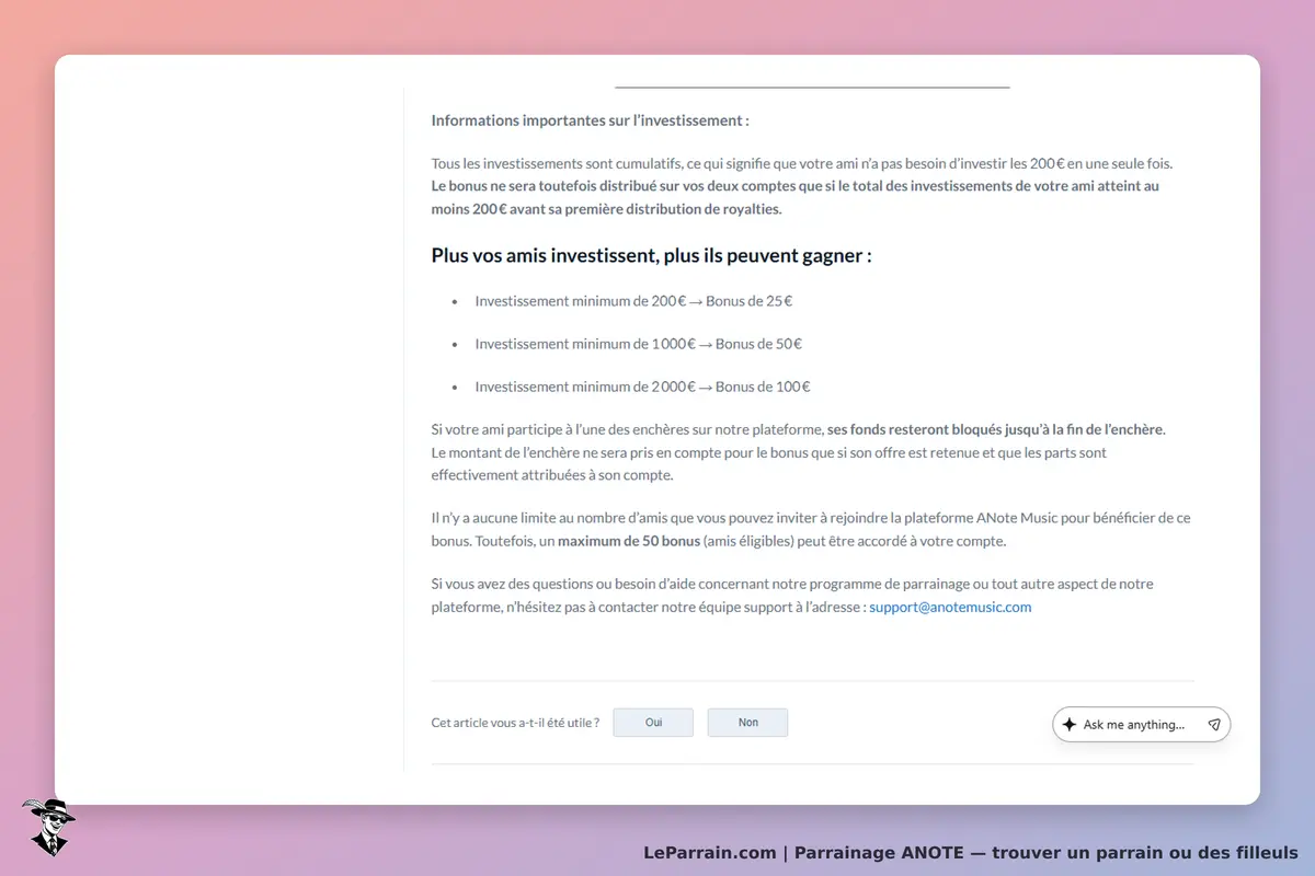 ANOTE : informations sur l'investissement et les bonus pour les amis investisseurs