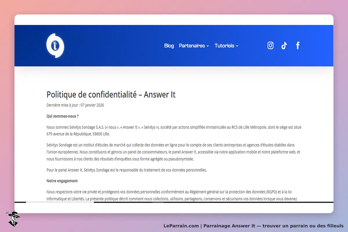 Answer It : politique de confidentialité avec informations sur l'entreprise et son engagement