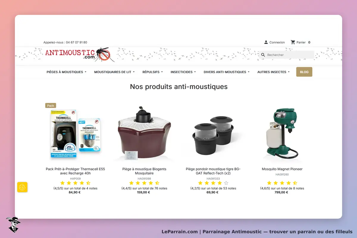 Antimoustic : page présentant divers produits anti-moustiques avec évaluations et images