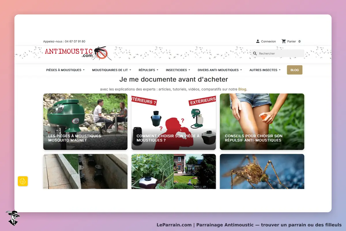 Antimoustic : page d'accueil présentant divers produits et conseils contre les moustiques
