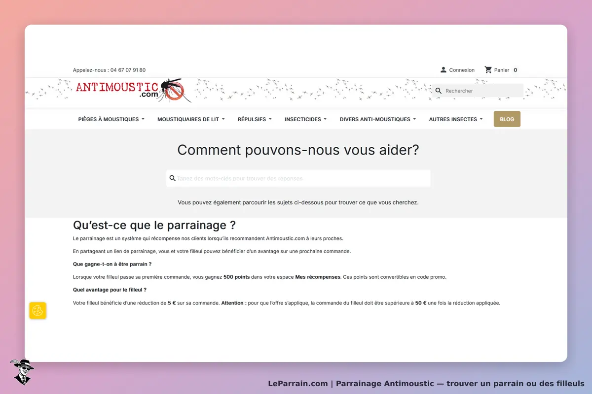 Antimoustic : page d'accueil avec un formulaire de recherche et des explications sur le parrainage