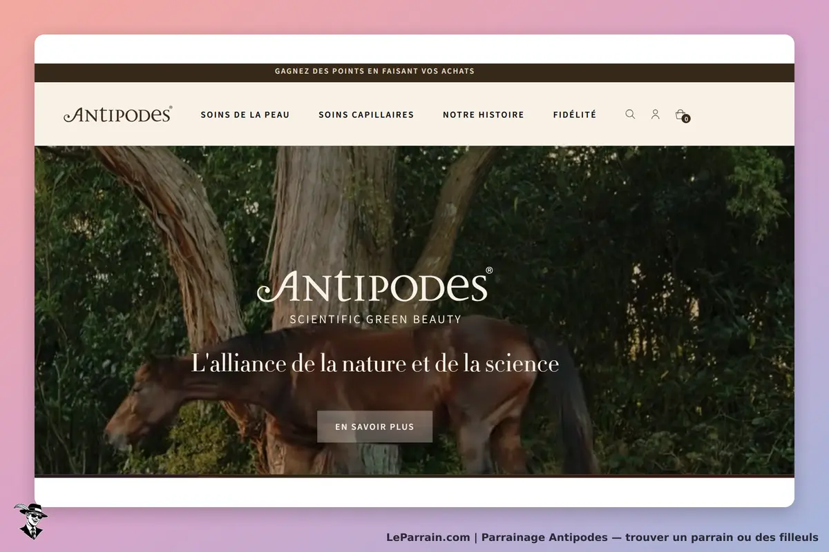 Antipodes : page d'accueil avec un cheval et un slogan sur la nature et la science