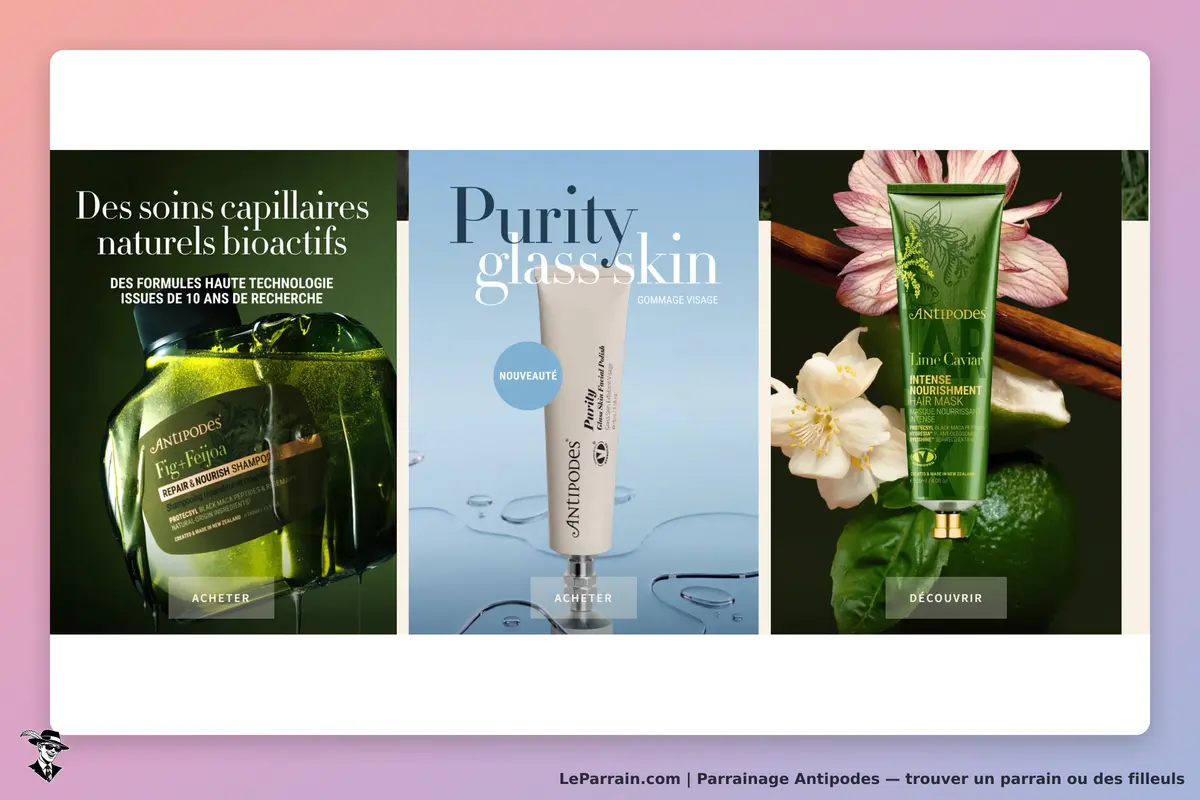 Antipodes : trois produits de soins avec descriptions et boutons d'achat sur fond coloré