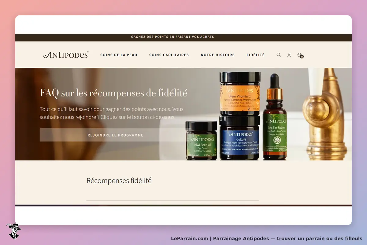 Antipodes : page d'accueil avec FAQ sur les récompenses de fidélité et produits cosmétiques