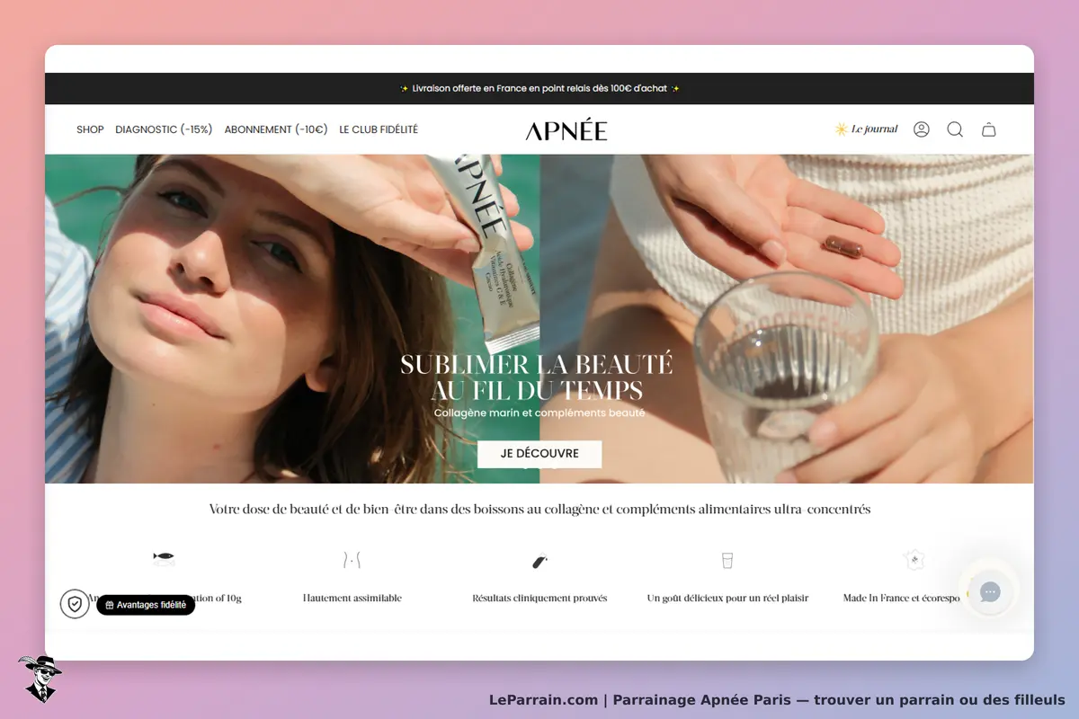 Apnée Paris : apnée : page d'accueil avec un visuel de produits de beauté et une personne tenant