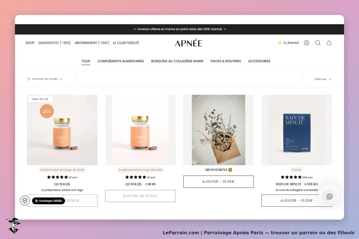 Apnée Paris : apnée : page d'accueil avec produits, évaluations et options d'abonnement