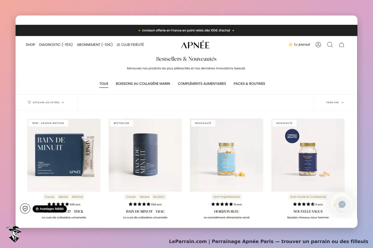 Apnée Paris : apnée : page d'accueil présentant des produits avec descriptions et évaluations