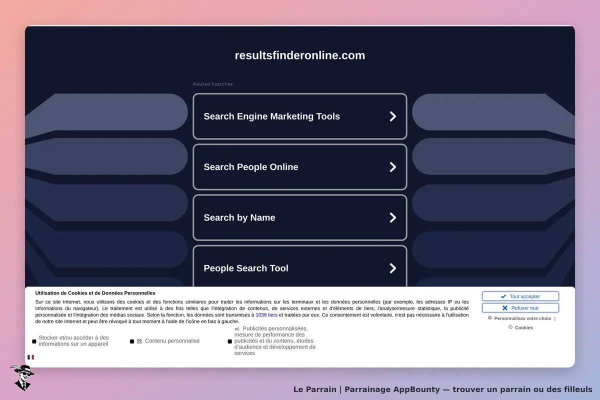 AppBounty : resultsfinderonline.com : page d'accueil avec options de recherche et politique de