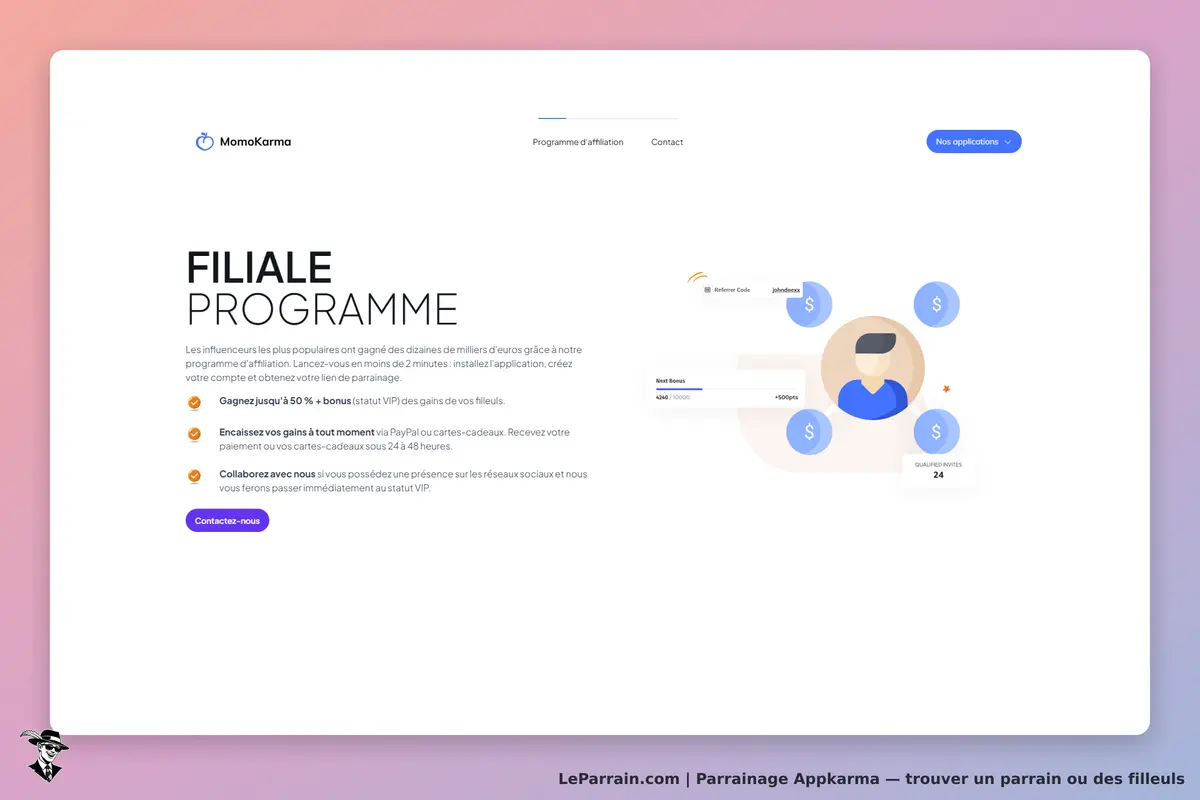 Appkarma : page d'accueil du programme d'affiliation avec informations et illustrations graphiques