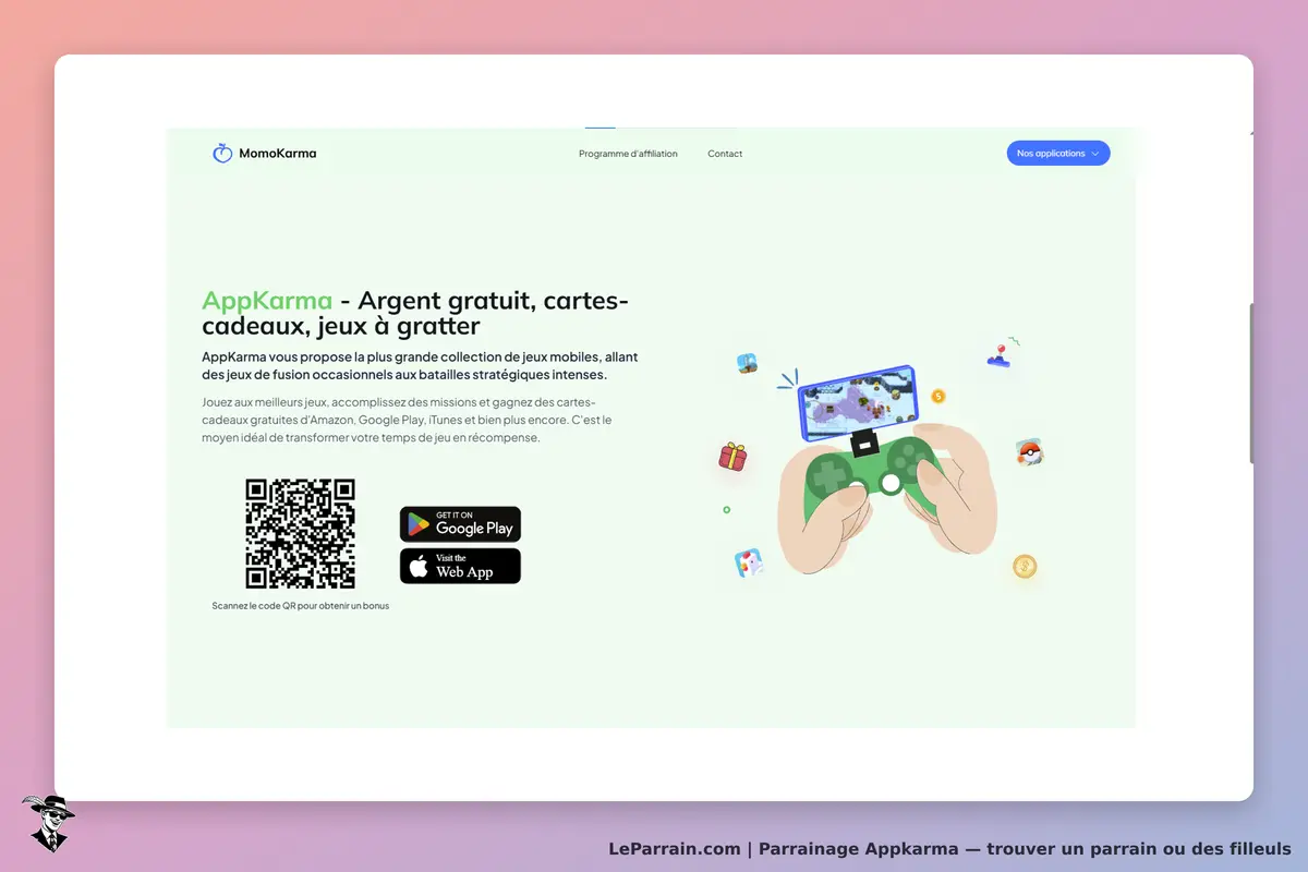 AppKarma : page d'accueil avec un contrôleur de jeu et un smartphone affichant un jeu