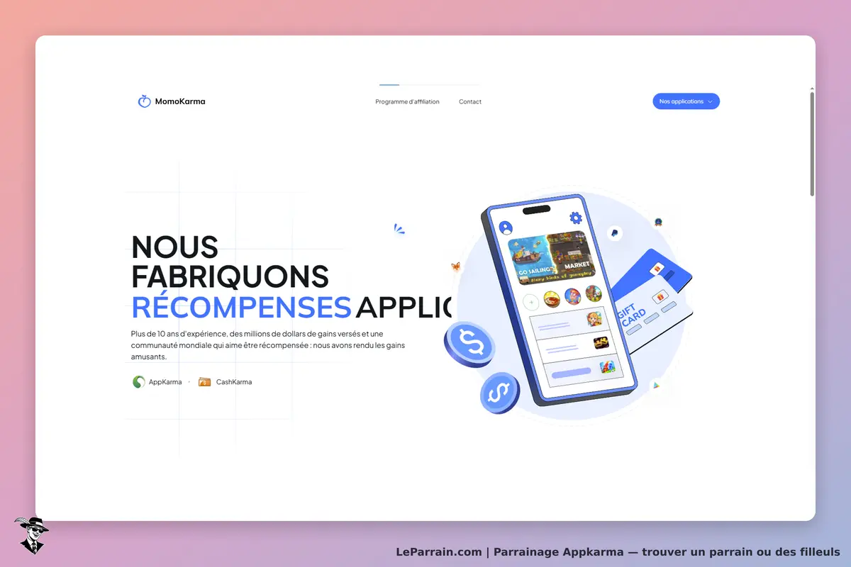Appkarma : page d'accueil présentant des récompenses et une application sur un smartphone