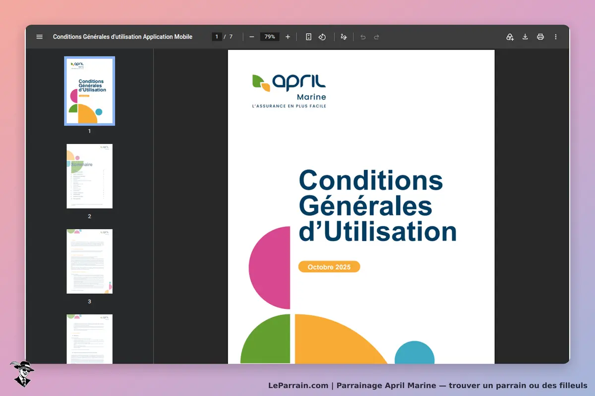 April Marine : affichage des Conditions Générales d'Utilisation, document en PDF