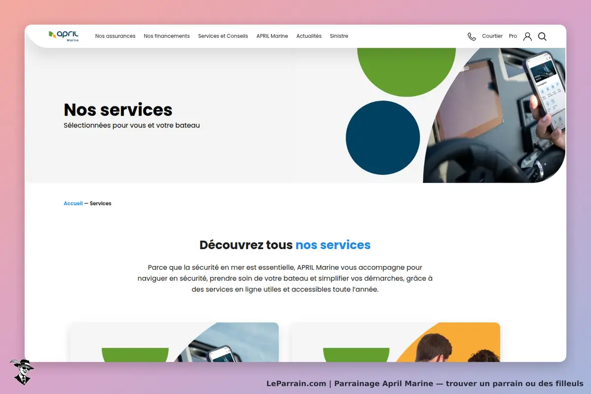 April Marine : page présentant les services offerts pour les bateaux avec des visuels colorés