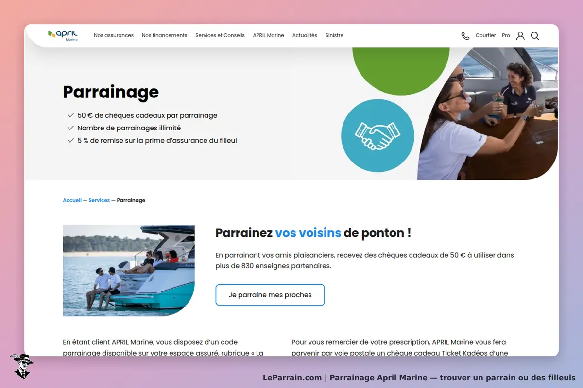 April Marine : page de parrainage avec des informations et une image de personnes sur un bateau