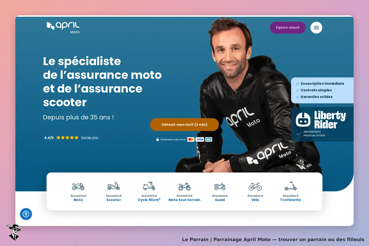 April Moto : page d'accueil avec un homme en tenue de moto et des options d'assurance affichées