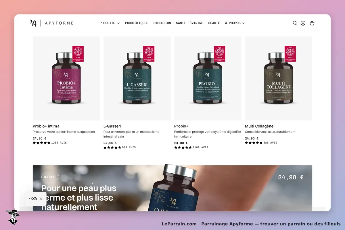 Apyforme : page d'accueil avec plusieurs produits de santé affichés en bouteilles