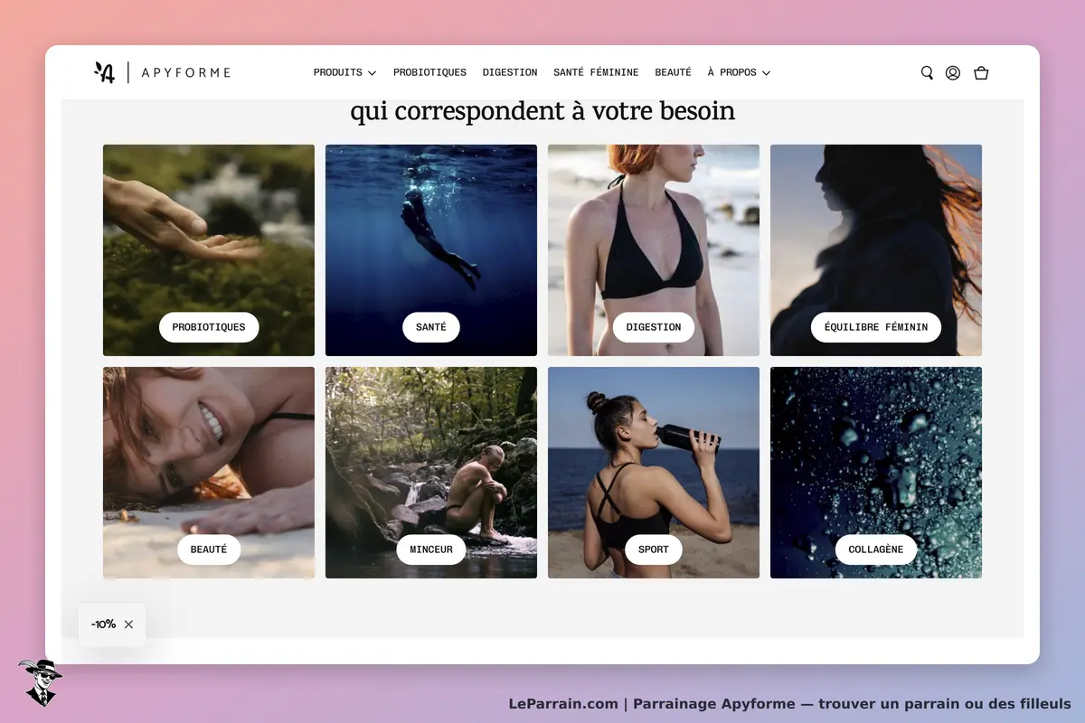 Apyforme : page d'accueil avec catégories de produits santé et bien-être. Images variées