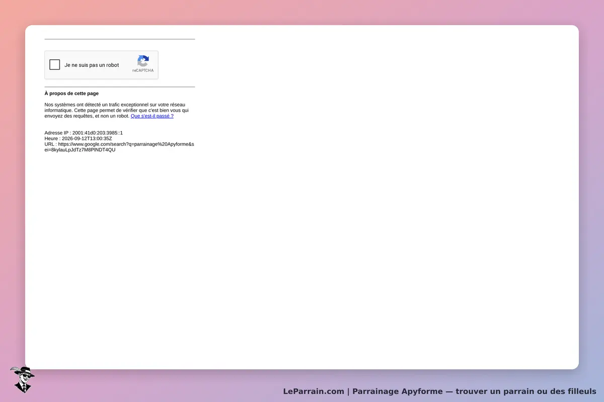 Apyforme : page d'erreur avec reCAPTCHA et informations sur le trafic exceptionnel détecté