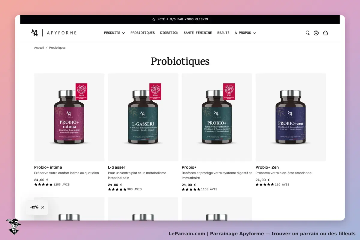 Apyforme : affichage de plusieurs produits probiotiques avec descriptions et avis