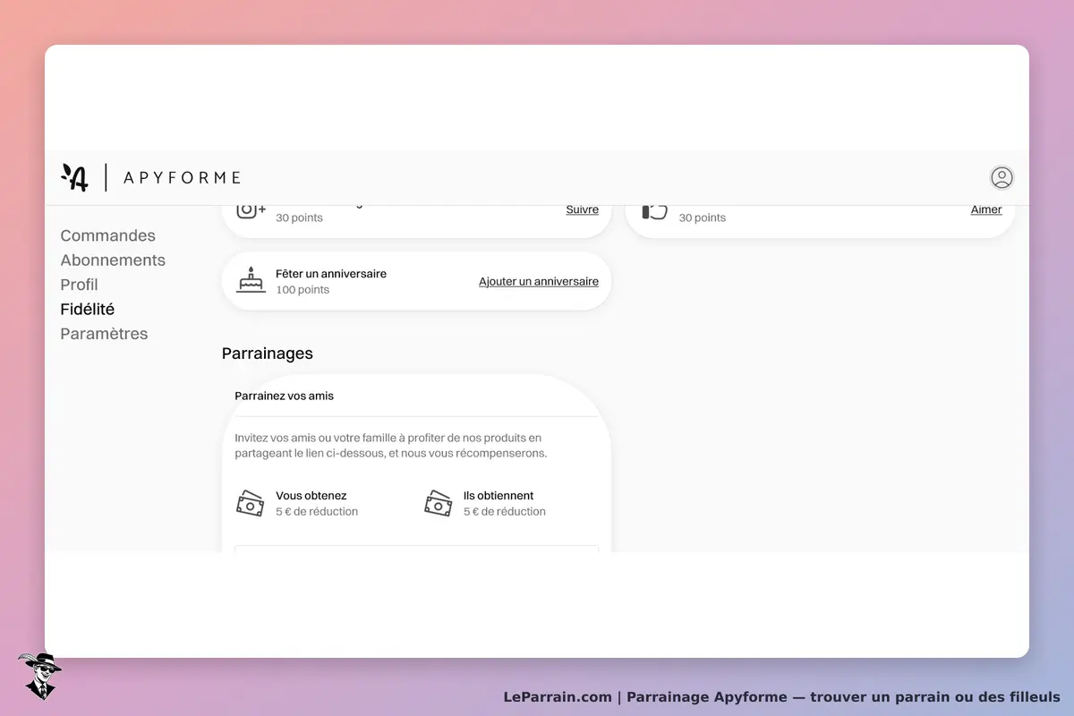 Apyforme : page de fidélité avec options de parrainage et informations sur les réductions