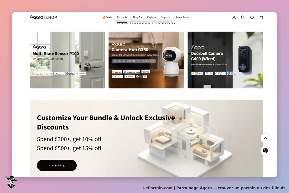 Produits Aqara avec offres spéciales et options de personnalisation de bundle.