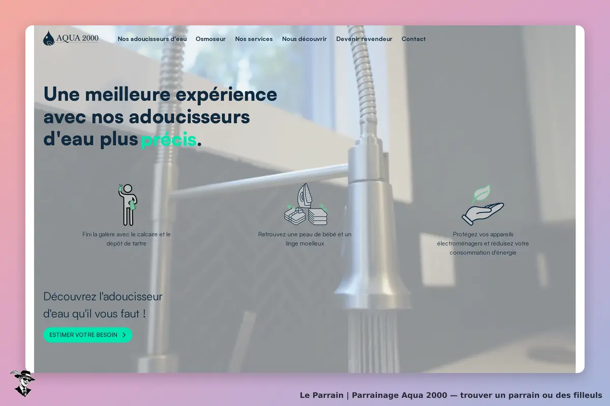 AQUA 2000 : page d'accueil présentant des adoucisseurs d'eau et des illustrations explicatives