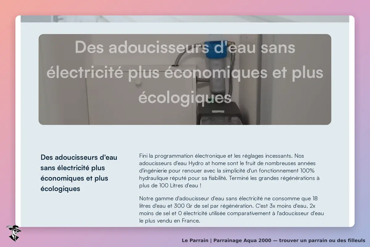 Aqua 2000 : présentation d'adoucisseurs d'eau sans électricité sur la page d'accueil