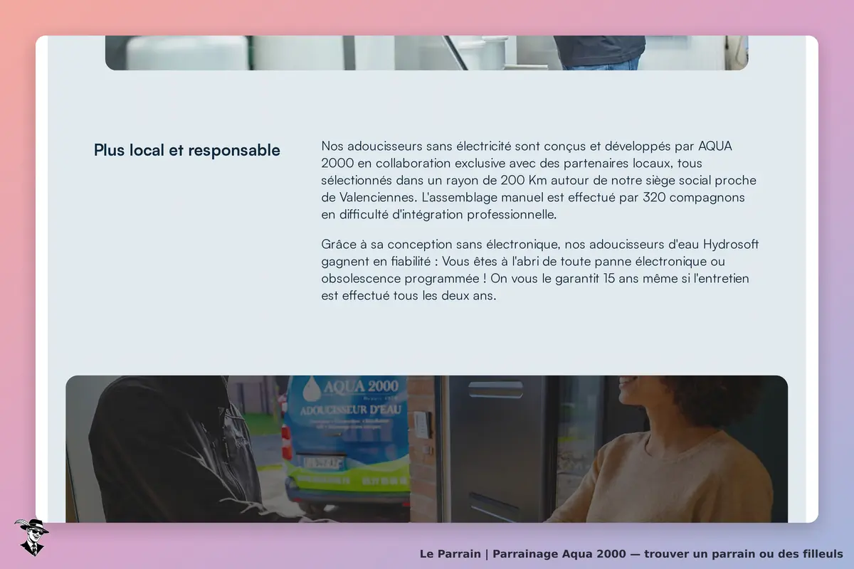 Aqua 2000 : page d'accueil présentant des adoucisseurs d'eau et leur conception locale