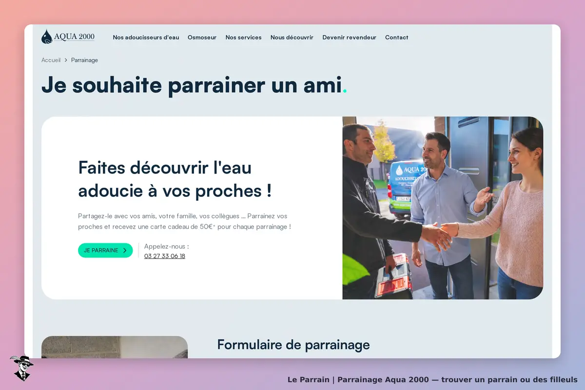 Aqua 2000 : page de parrainage avec un formulaire et des personnes se serrant la main