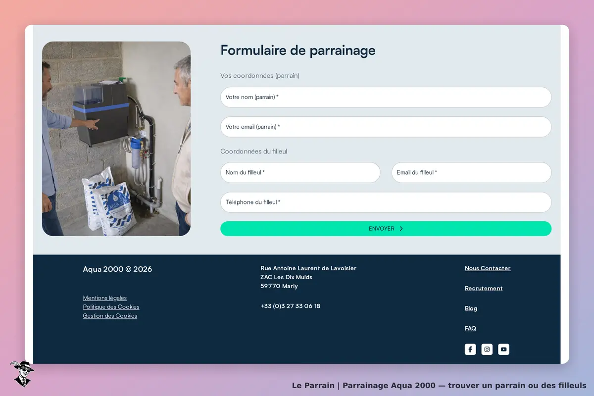 Aqua 2000 : formulaire de parrainage avec coordonnées et image d'un appareil en arrière-plan