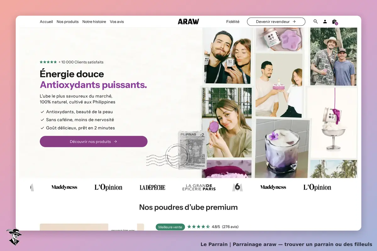 ARAW : page d'accueil présentant des produits à base d'ube et des témoignages clients