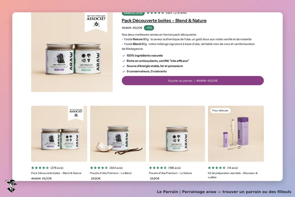 ARAW : page d'accueil avec produits, pack découverte et kit de préparation ube