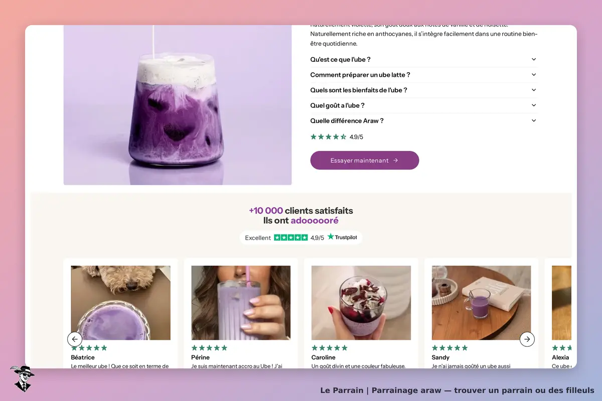 araw : page d'accueil présentant une boisson violette et des avis clients avec étoiles
