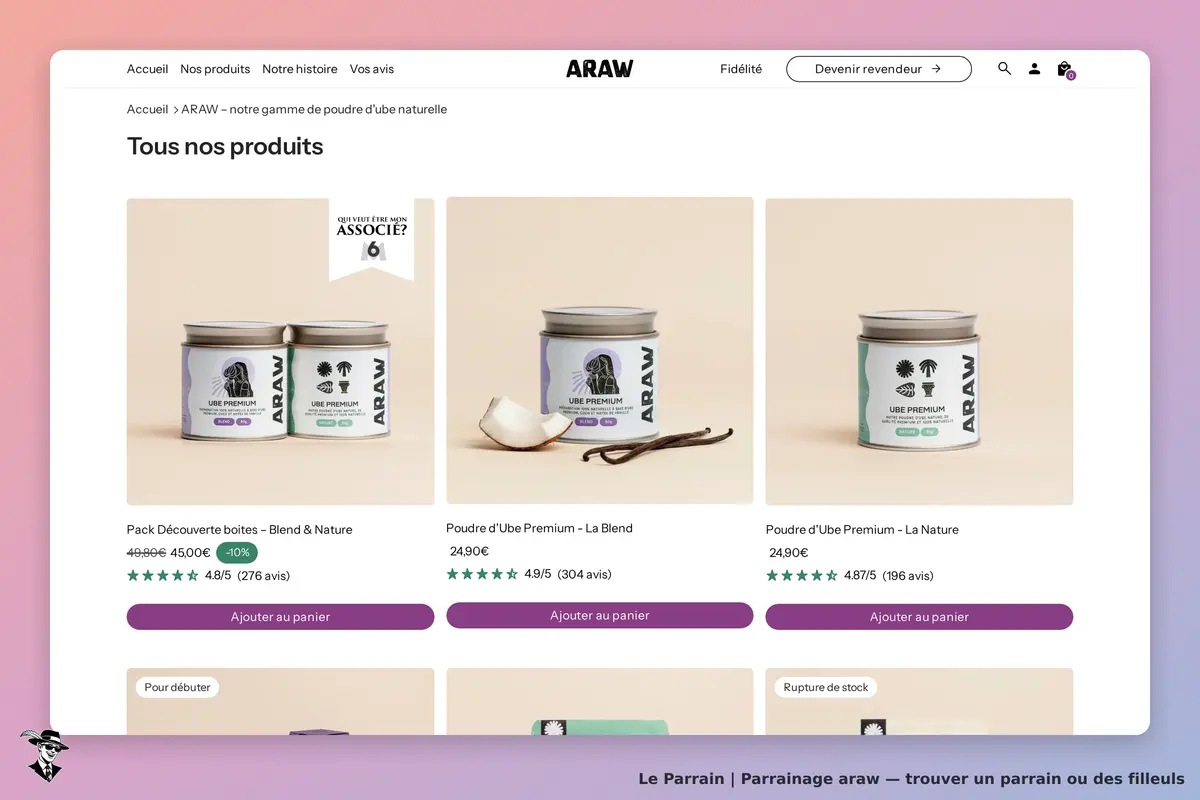 ARAW : vue de la catégorie avec plusieurs produits en poudre d'ube naturelle affichés