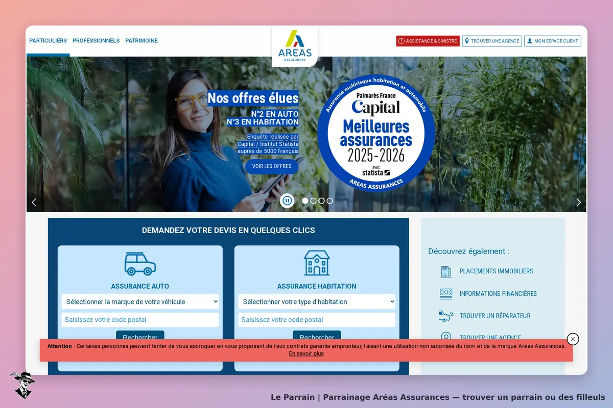 Aréas Assurances : page d'accueil avec formulaire pour devis auto et habitation, image d'une femme