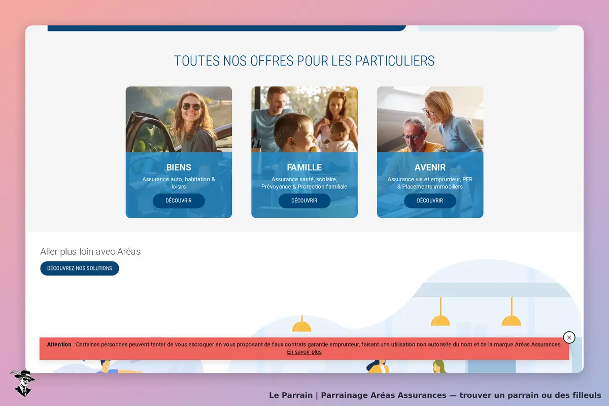 Aréas Assurances : page d'accueil avec offres pour particuliers et alertes de sécurité