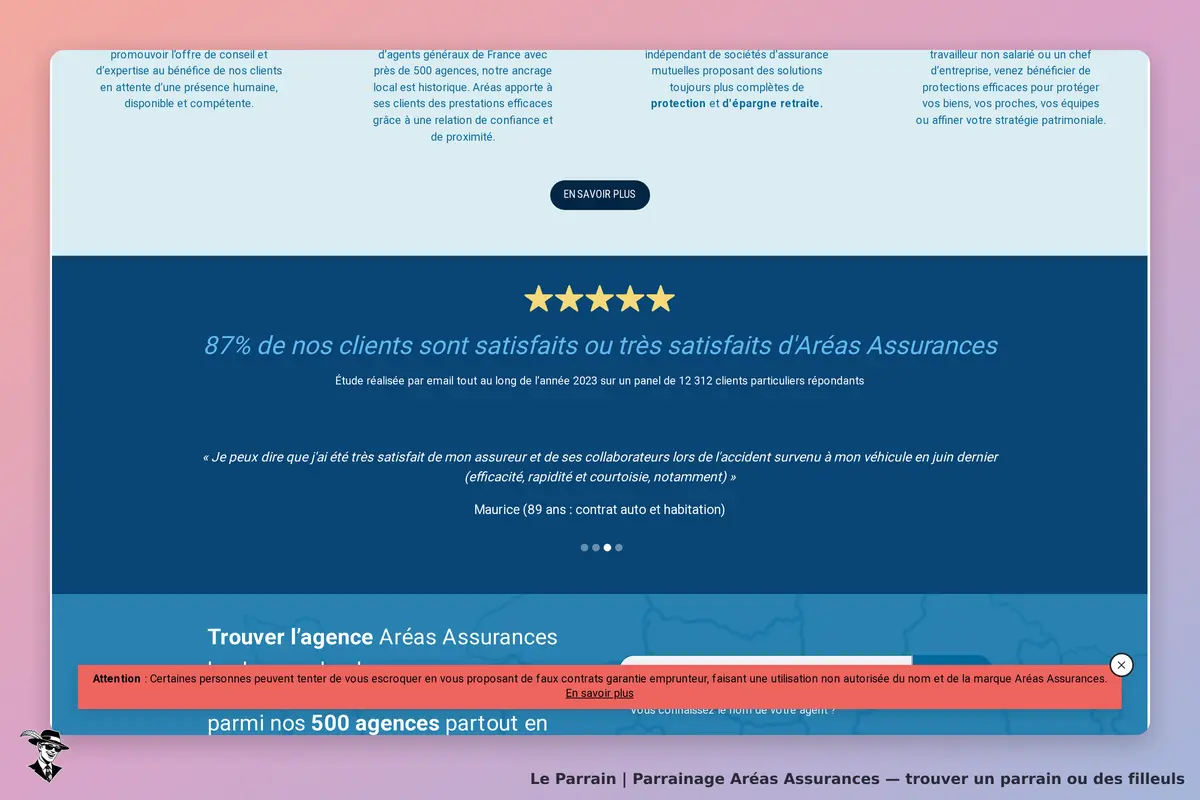 Aréas Assurances : page d'accueil avec témoignages clients et option pour trouver une agence